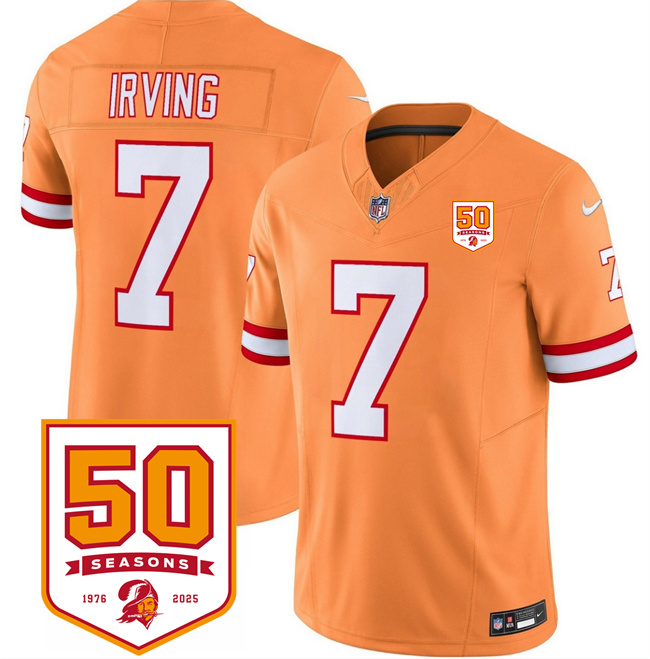 Men's Tampa Bay Buccaneers #7 Bucky Irving Orange 2025 F.U.S.E. 50th Anniversary Patch Vapor Limited Stitched Jersey